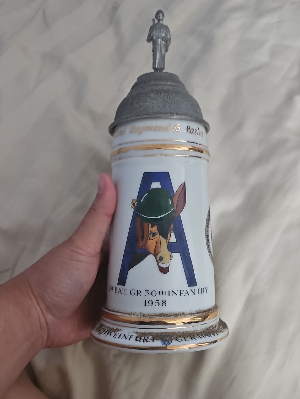 Vintage 1958 Infantry Ceramic Beer Stein with Pewter Lid - White, Blue, Green